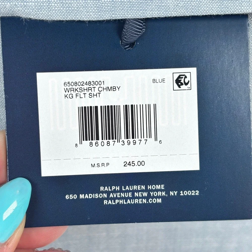 Ralph Lauren Workshirt Chambray King Flat Sheet Blue 100%Cotton NEW $245 Online!